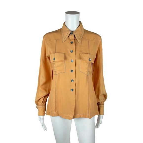 Vintage 60s Peach Blouse Women's Medium Gray Dagger Collar Long Sleeve Button Do - Picture 12 of 12